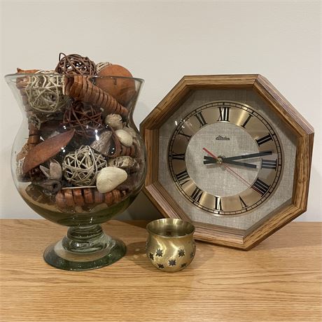 Wall Clock with Footed Filled Vase and Vintage Lillian Vernon Votive Holder