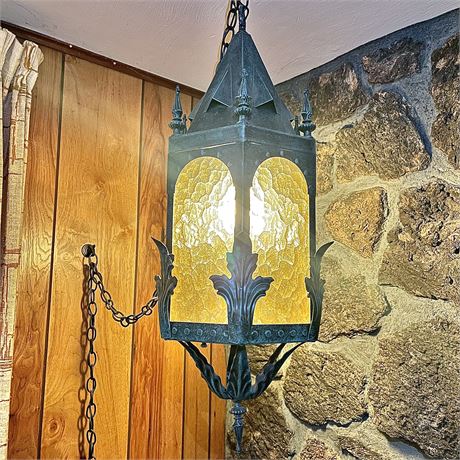 Hanging Metal Lantern Pendant Light with Colored Glass Panels