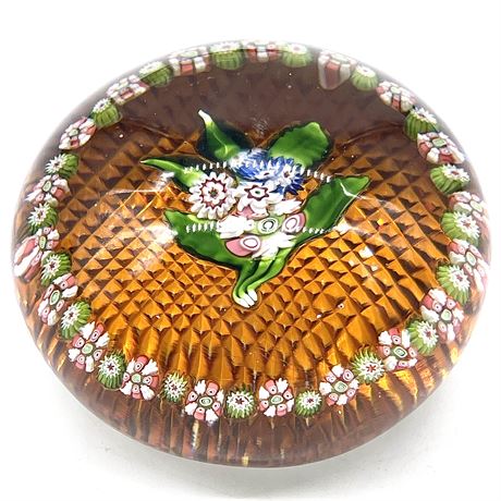 St. Louis Millefiori Garland and Nosegay Paperweight with Amber Diamond Cut Base