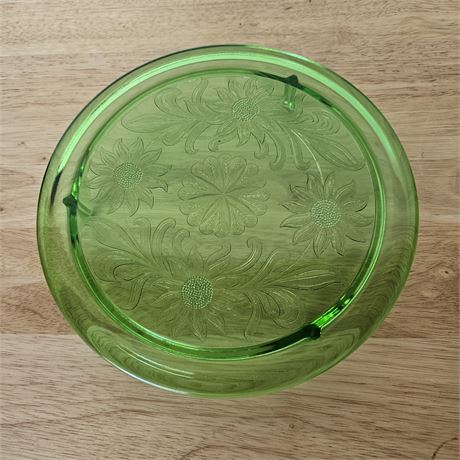 10" Sunflower green uranium footed cake plate by Jeannette