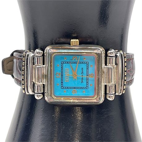 Vtg Ecclissi Sterling Silver Cased Turquoise Dial Genuine Leather Wristwatch
