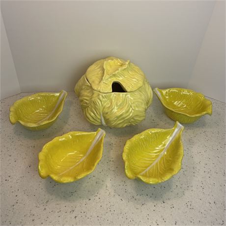 Vtg Secla Yellow Cabbage Lidded Serving Bowl with Four Cabbage Leaf Bowls