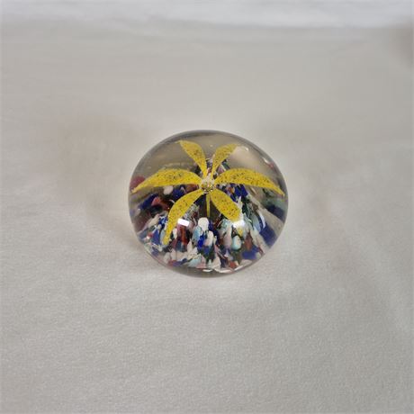 Vtg Art Glass Paperweight Lg Handblown Floral Bubble & Polychrome Design