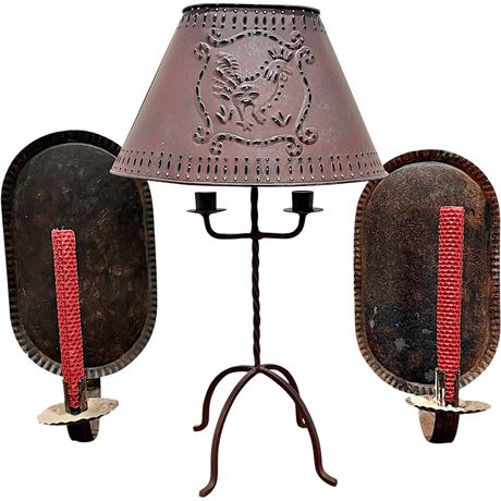 Vtg Wrought Iron Candle Holder w/ Punched Metal Rooster Shade & (2) Sconces