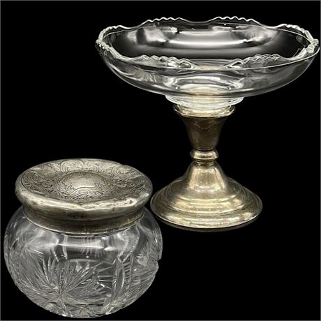 Sterling Silver Lidded Glass Vanity Jar & Sterling Weighted Base Glass Compote