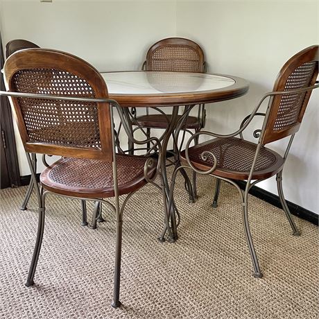 Drexel Heritage Inlaid Marble Top Table & 4 Rattan Arm Chairs