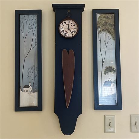 Nice Elongated Wall Hanging Set with Prints and Rustic Clock