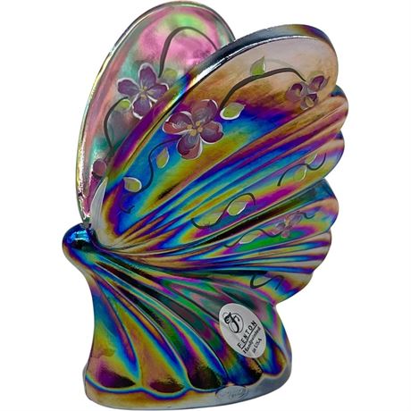 Signed Fenton Amethyst Carnival Glass Hand Painted Butterfly Figurine