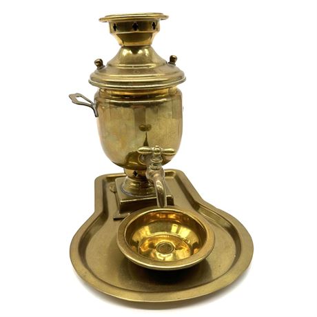 Antique Brass Russian Samovar with Bowl and Drip Tray