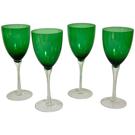 (4) Emerald Green Hand-Blown Stemmed Wine Glasses
