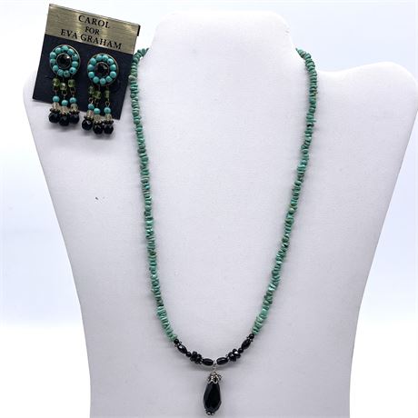 Peyote Bird Turquoise Chip beads w/ Black Accented Pendant and Earrings