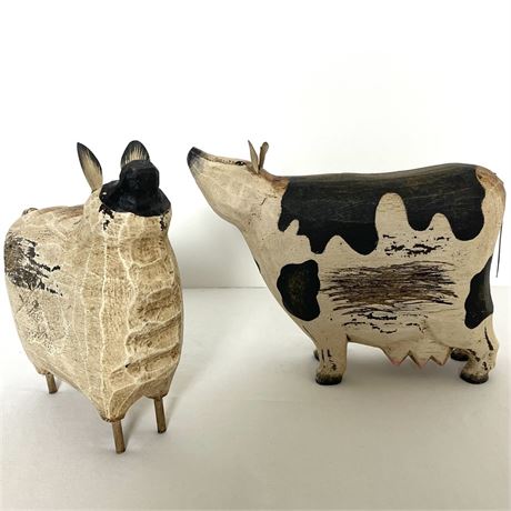 Distressed Carved Wood Cow and Sheep