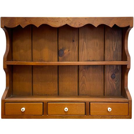 Vtg Wood Wall Shelf w/ 3 Bottom Storage Drawers