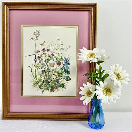 Vintage Framed and Matted Wildflower Print with Coordinated Flowers in Mini Vase