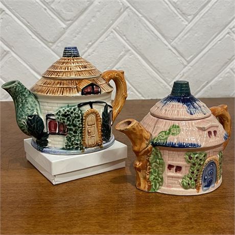Vtg Hand-Painted Ceramic Cottage Ware Lidded Teapots