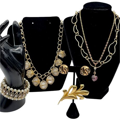 Vtg Gold Toned Jewelry w/ Trifari Clip-On Earrings, Alfani Necklace & More