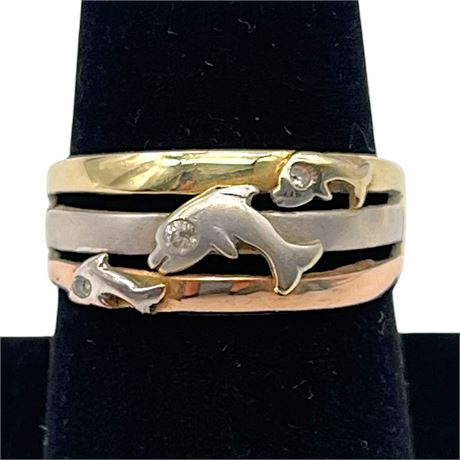 14K Multitone Gold 3-Diamond Dolphin Motif Size 7.25 Ring