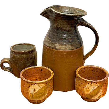 Coordinated Glazed Pottery - Signed Pitcher and Handled Mug w/ Unmarked Teacups