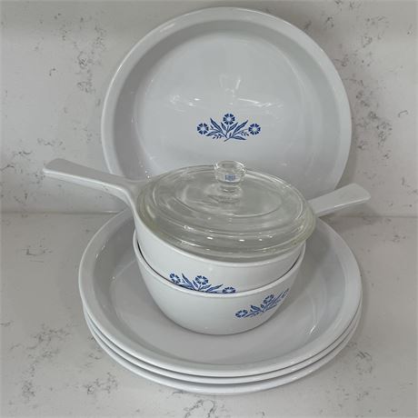 Corning Ware "Blue Cornflower" (4) Pie Plates and (2) Menuette Dishes w/ (1) lid