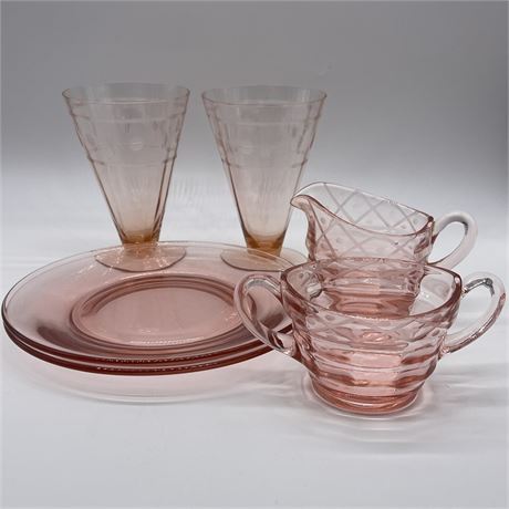 Pink Depression Creamer and Sugar Dishes w/ Glasses and Plates