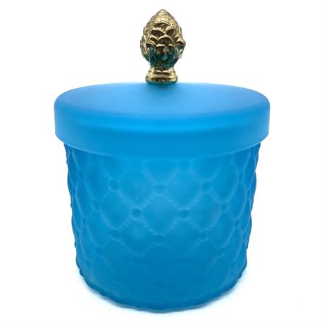 Vtg Frosted Blue Quilted Diamond Pattern Canister with Lid