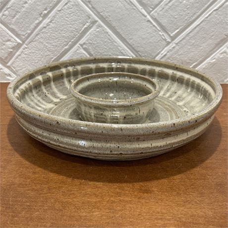 Signed Drip Glaze Pottery Serving Dish with Dip Bowl