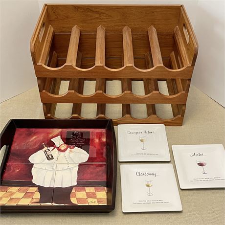 Stackable Teak Wine Racks with Pottety Barn Dessert Plates and Chef Serving Tray