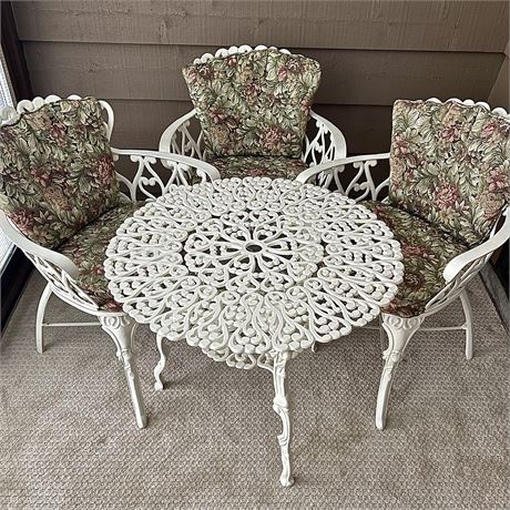 4 Piece Cast Aluminum Patio Set - Table and 3 Chairs w/ Cushions