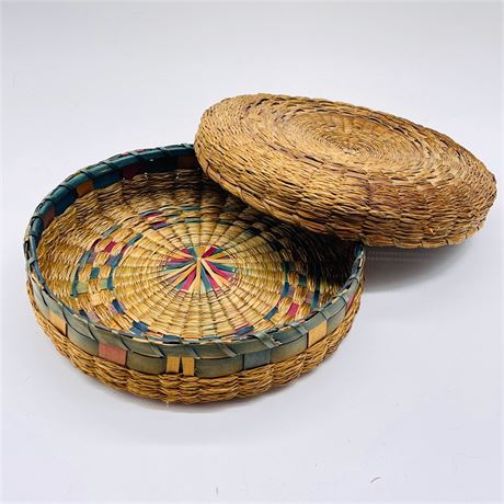 Antique Woven Lidded Sewing Basket