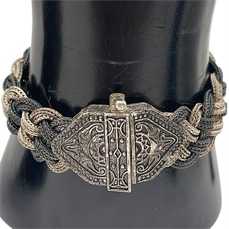 Vtg 925 Braided 2-Tone Chunky Bracelet with Pin Clasp