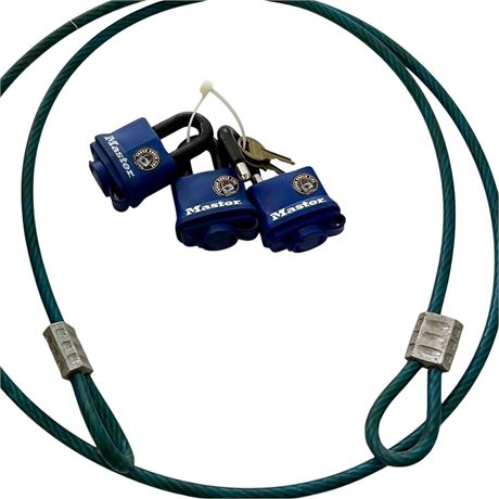 Three Weather Tough Master Locks (2 Keys) and a Double Loop Cable