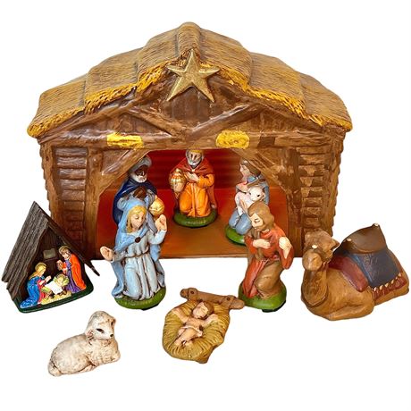 1987 Ceramic Nativity Set with Light-Up Stable & Picture Viewer Mini Creche