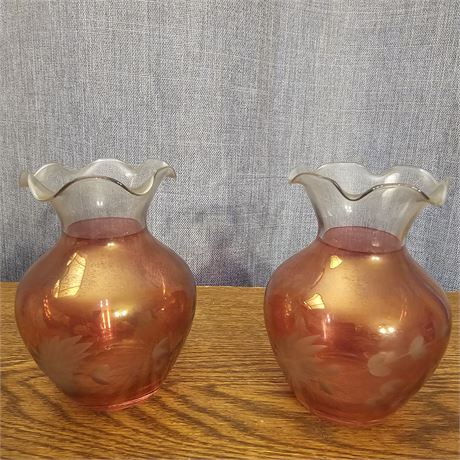 Hand Blown, Etched Cranberry Glass Vase Set