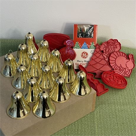 Midcentury Bell Ornaments with Tupperware Holiday Cookie Cutters & String Lights