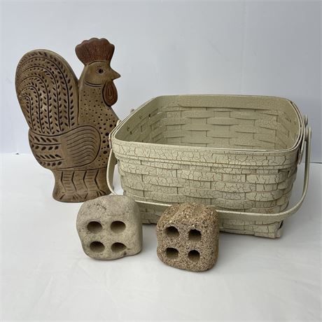 Signed Crackle Basket, Ceramic Rooster and Brick Bookends
