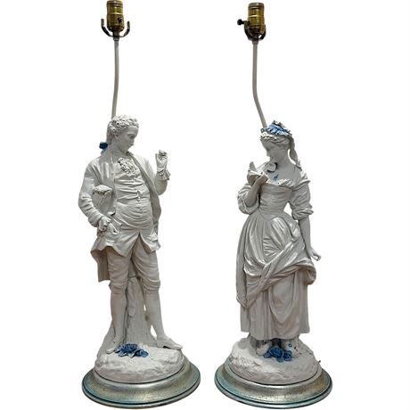 Pair of Bisque Porcelain Statue 3-Way 30" Lamps