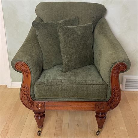 Vintage Upholstered Scroll Armchair w/ Front Casters