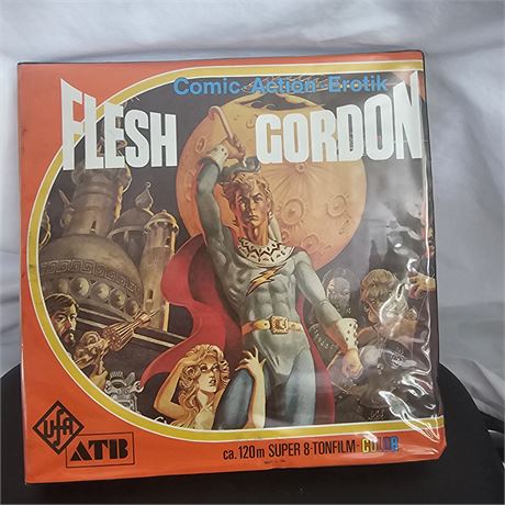 Super 8mm film reel of the 1974 science fiction parody film, Flesh Gordon
