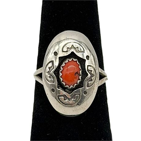 925 Sterling Silver Coral Cabochon Navajo Native American Size 5.75 Ring