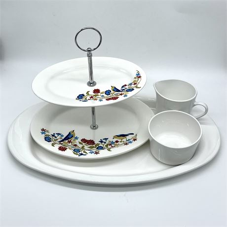 Two Tier Decorative Avon Server and Centura Platter w/ Cream and Sugar Dishes