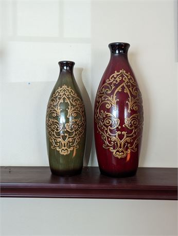 Maroon & Olive Colored Vases w/Gold Tone Design