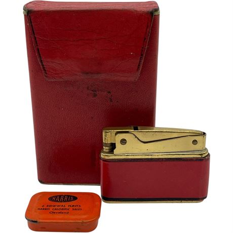 Vtg Alpco Leather Wrapped Lighter w/ Harris Renewal Flints Tin & Leather Case