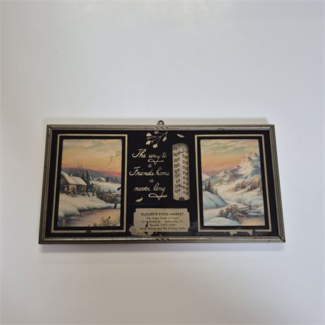 Vtg Dezure’s Food Market Advertising Thermometer Brownsville PA Winter Scene