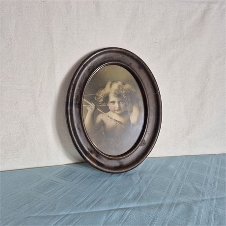 Antiq. "Cupid Awake" Print Metal Oval Frame