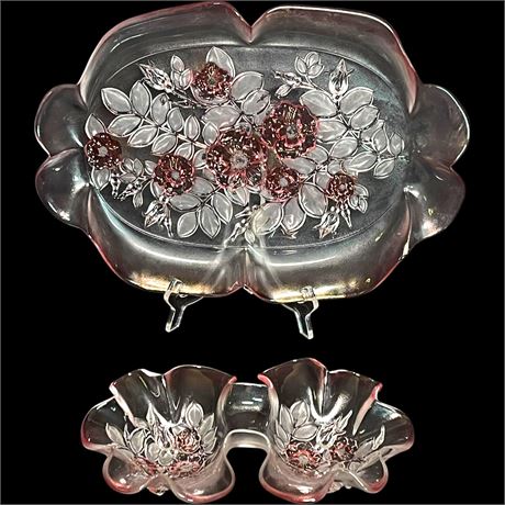 Vtg Mikasa "Rosella Pink" Frosted Embossed Glass Serving Platter & Double Bowl