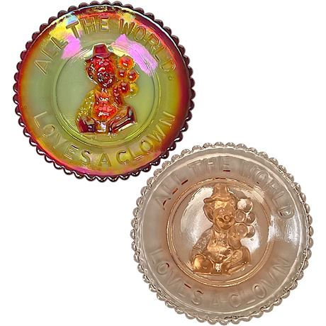 Vtg Mosser Amberina & Clear Pink Glass "All The World Loves a Clown" Mini Plates