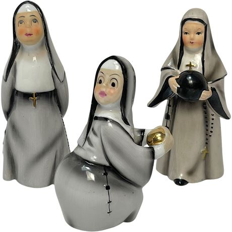 Two George Lefton Mid Century Nuns w/ Similar Japan Bowling Nun Figurine