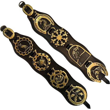 (8) Vtg Brass Badges on (2) Leather Straps