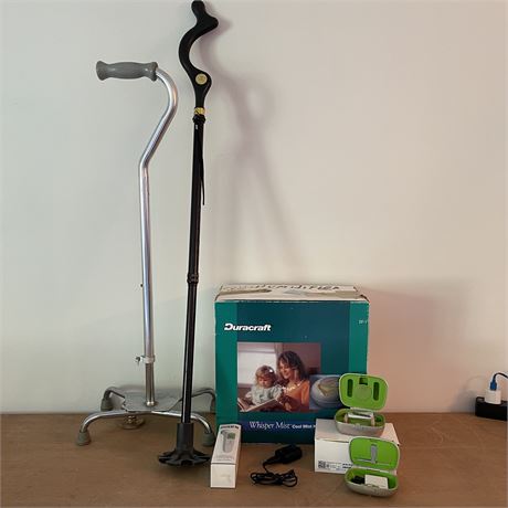 Health/Wellness Lot - Cool Mist Humidifier, Hearing Aid Kit, Thermometer & Canes