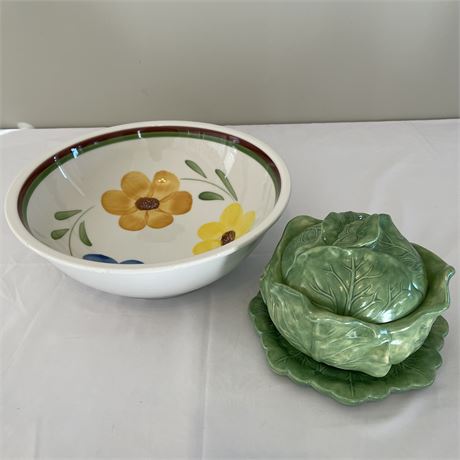 Vtg Holland Mold Lidded Cabbage Bowl w/ Underplate & Villaware Serving Bowl